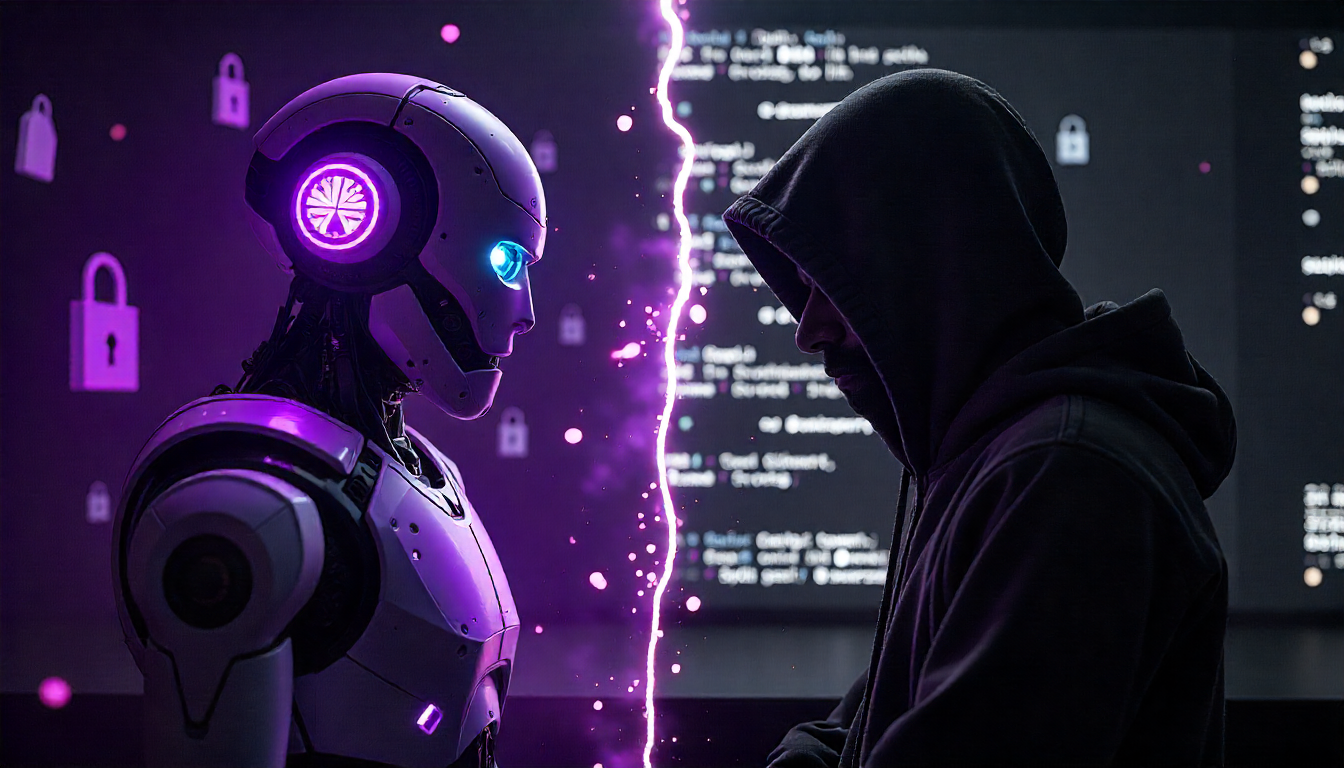 Split-screen image showing a futuristic purple AI robot (Paid LLM) facing off against a hooded open-source coder, symbolizing the battle between proprietary and open-source language models, with the question "Open Source or Paid LLM?" in bold.