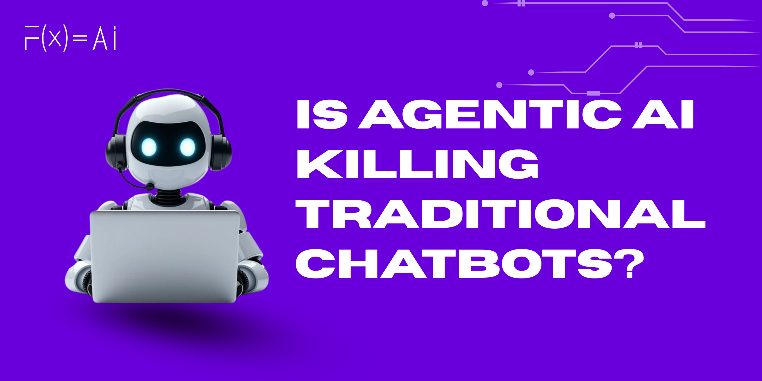 Illustration of a futuristic AI robot wearing a headset and working on a laptop with the text "Is Agentic AI killing traditional chatbots?" on a purple background.