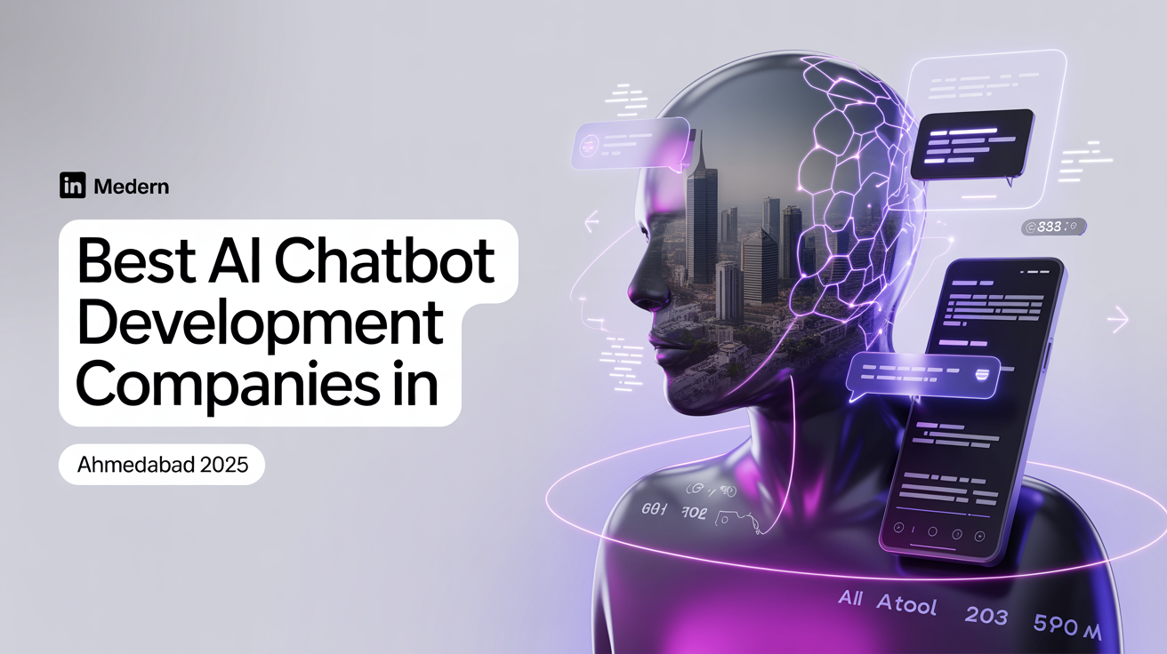 Futuristic AI humanoid with digital cityscape reflection and chatbot UI, representing top AI chatbot companies in Ahmedabad 2025.