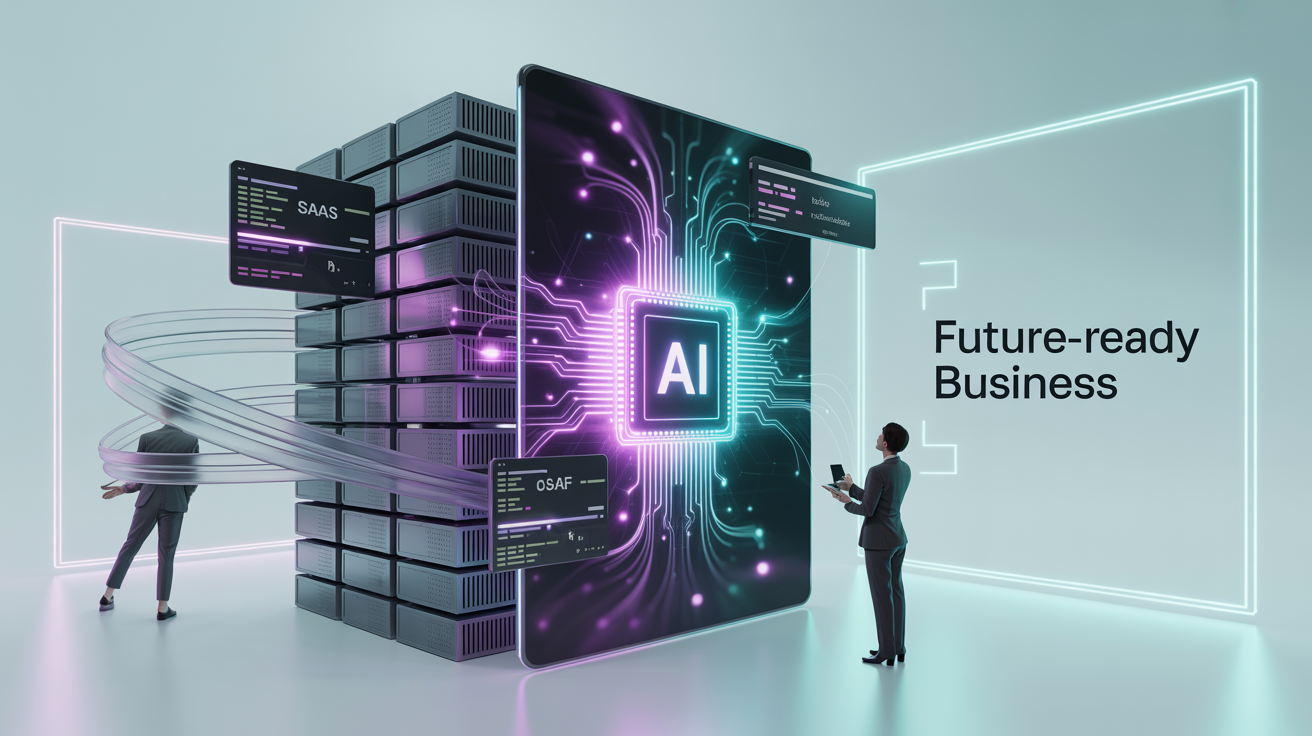 Futuristic AI-powered data center with glowing neural circuits, professionals interacting with holographic SaaS and business intelligence interfaces, representing future-ready businesses.