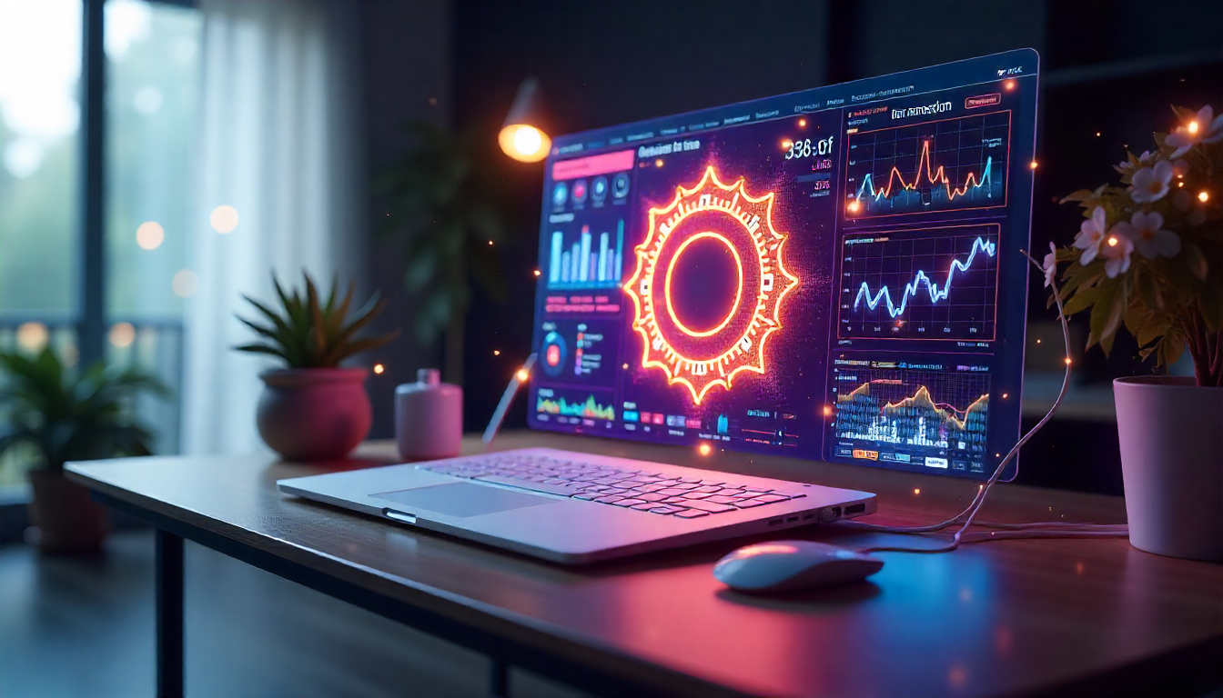 3D futuristic AI dashboard floating in a modern Indian tech space, with neon purple charts, digital neural patterns, and minimalist architecture on a white background.