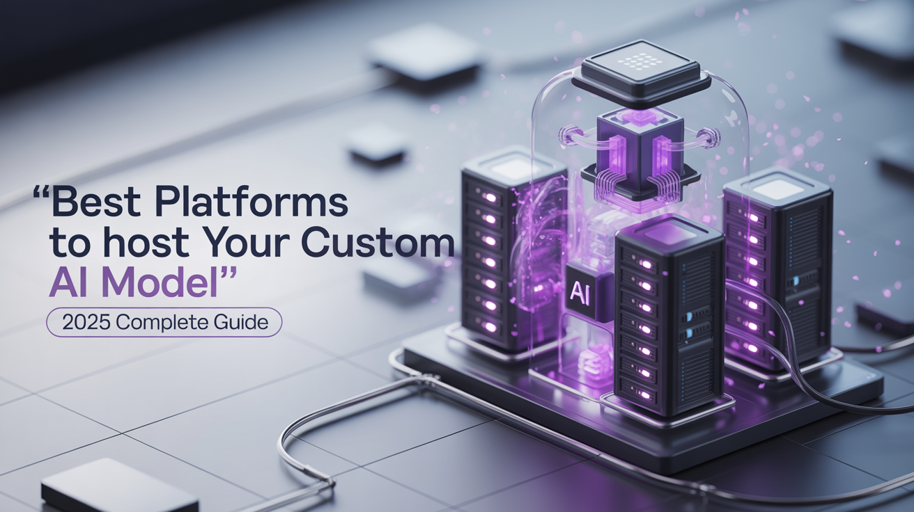 3D illustration of AI servers and a futuristic model host system with glowing purple lights, promoting a guide on best platforms to host custom AI models.