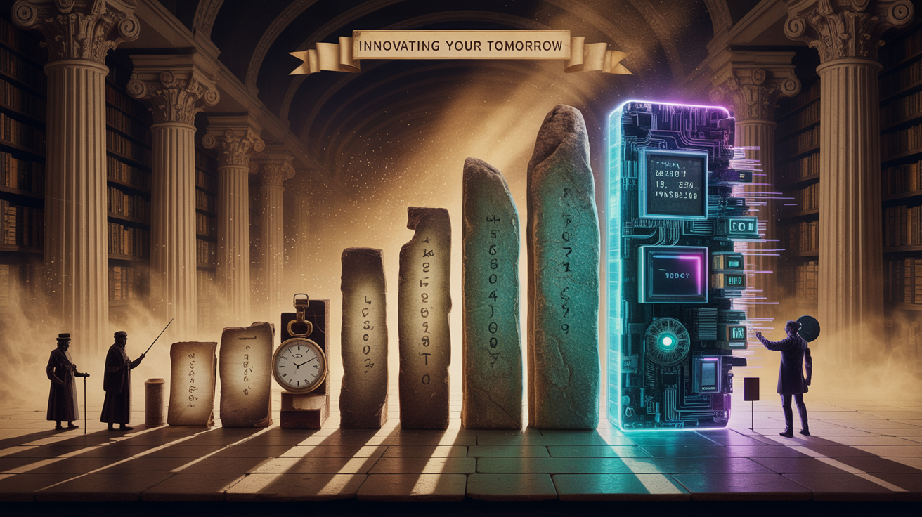 An artistic depiction of technological evolution from ancient knowledge to futuristic AI innovation, symbolizing the journey of human progress.