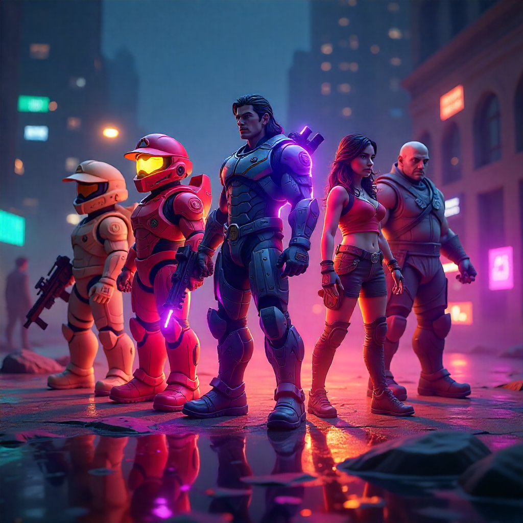 A futuristic team of armored warriors and adventurers standing confidently in a neon-lit cyberpunk cityscape, ready for battle.