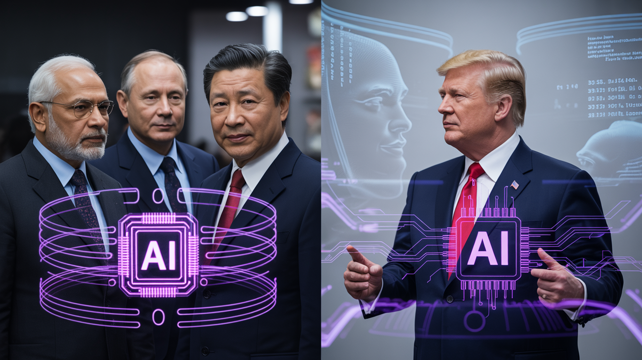 World leaders discussing the future of AI technology, highlighting its global impact and strategic significance.